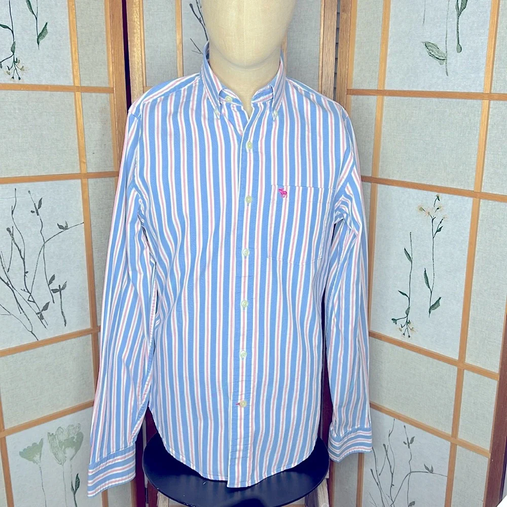 Abercrombie & Fitch Men’s Blue and Pink striped Muscle Dress Shirt Medium - Picture 1 of 11